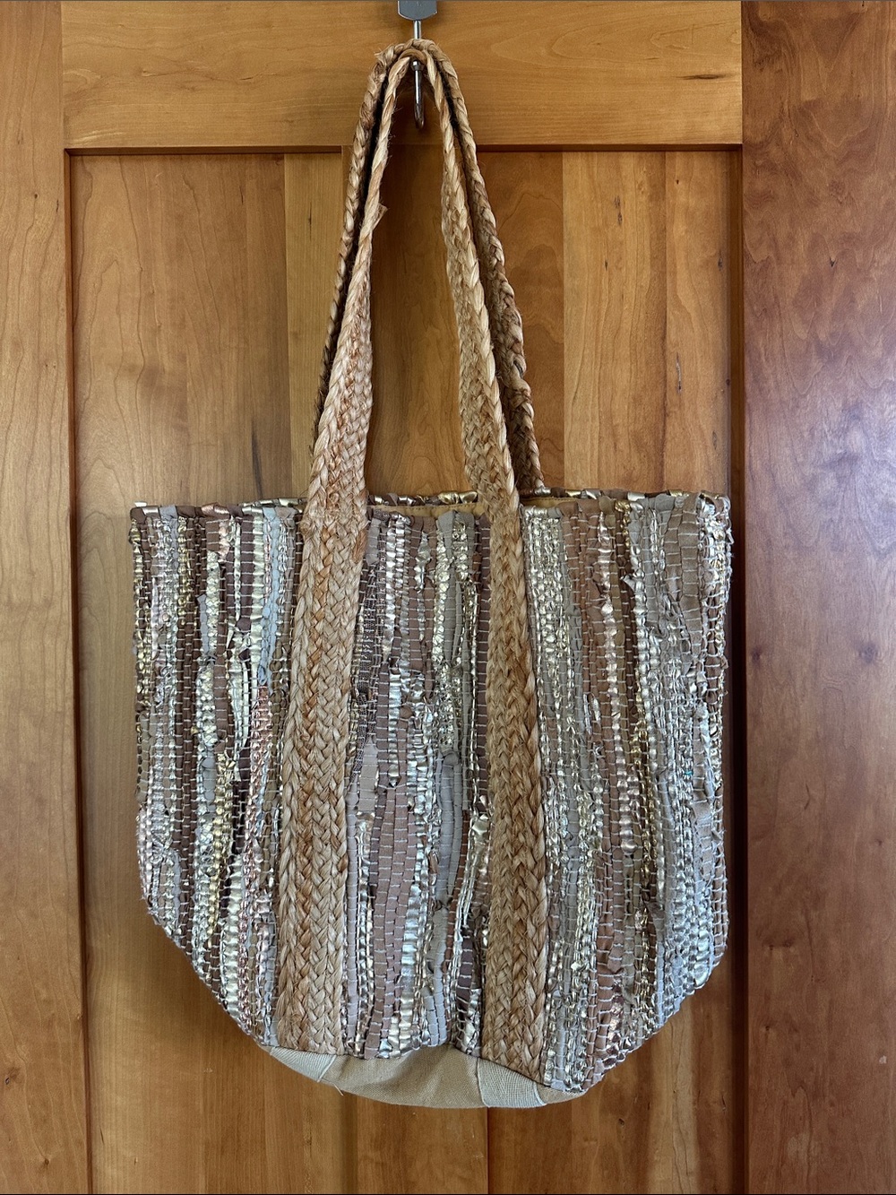 New with tags leather woven silver gold & rise gold tote with canvas lining